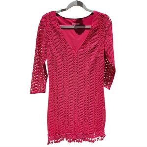 Lilly Pulitzer Pomegranate Pink Seminole Knit Crochet Tassel Dress Medium